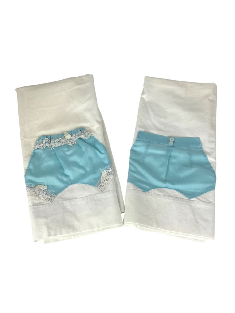 Vintage White Standard Pillowcase Pair Blue His & Hers Bloomers Appliqué